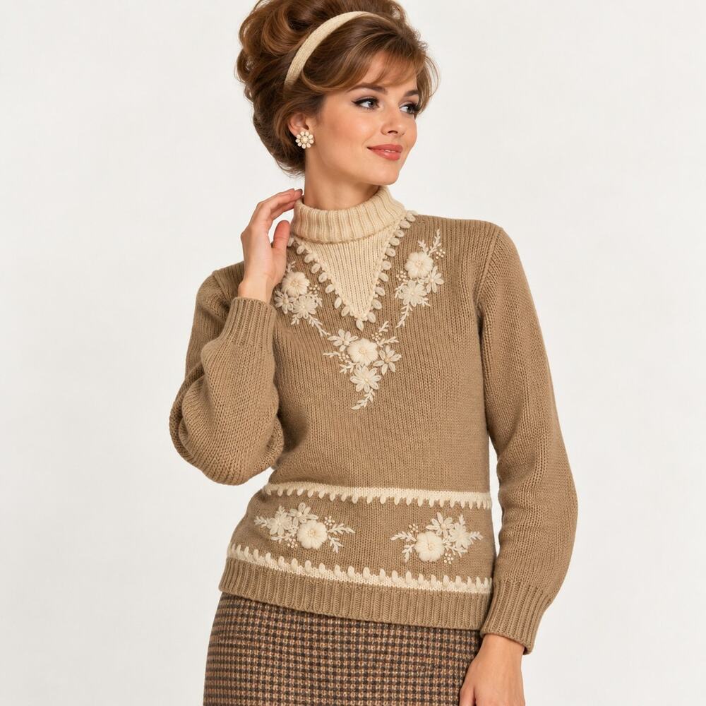Vintage 1960s Bambergers 100% Wool Sweater 38 Floral Embroidered Turtleneck Hong